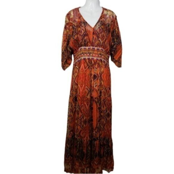 New Desigual Boho Women's Maxi Dress Gold Metallic Thread Sz 6 African Friez… - Picture 1 of 15